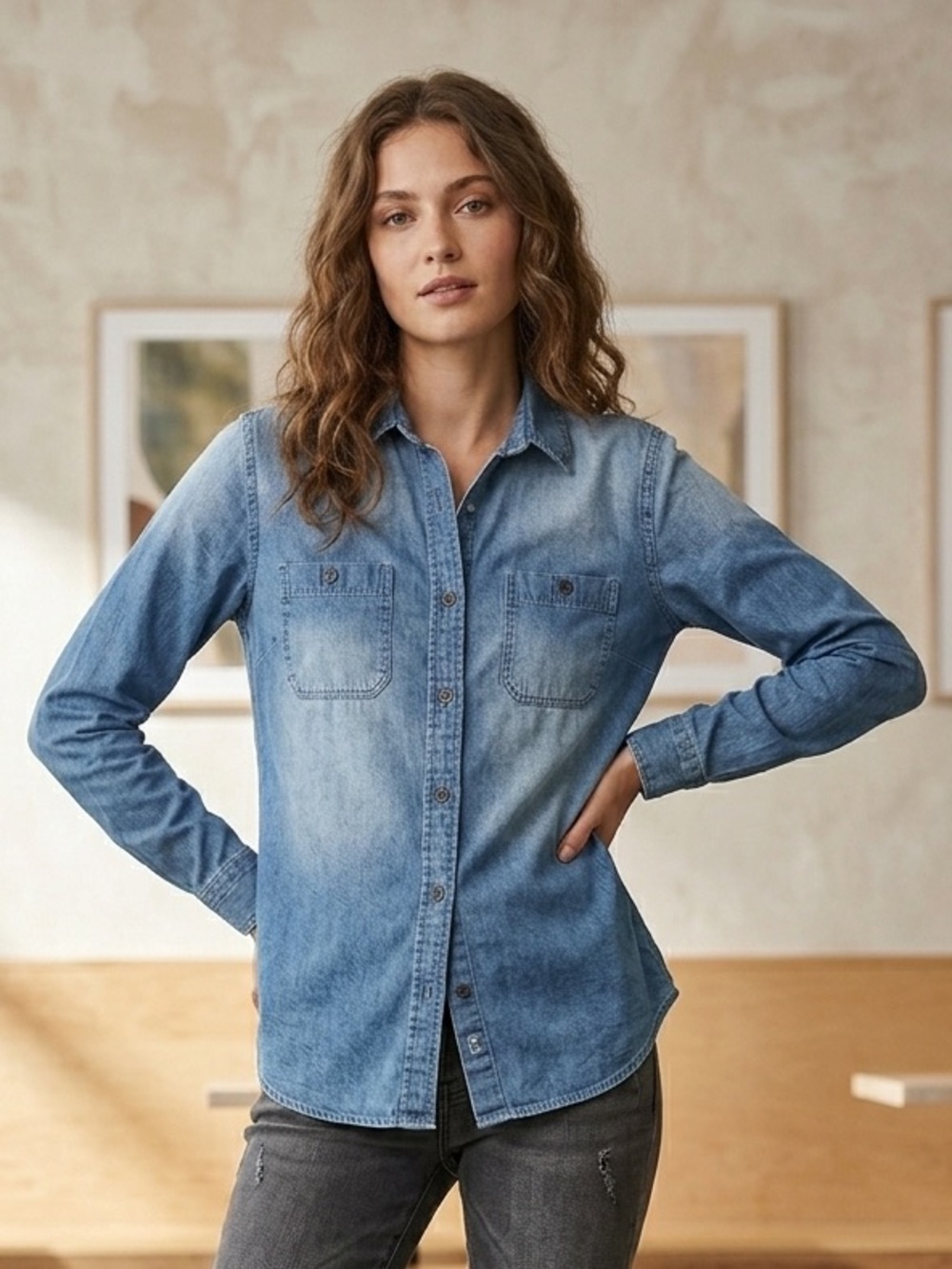 Express Light Wash Chambray Denim Button Front Shirt Size SP 100% Cotton
